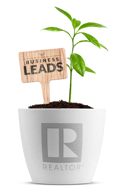 Photo collage of sprouting, potted plant with the REALTOR R on the pot and a small sign with the words Business Leads